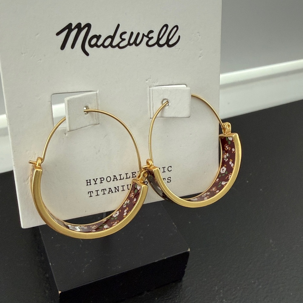 Madewell Cottage Floral Medium Hoop Earrings Burgandy